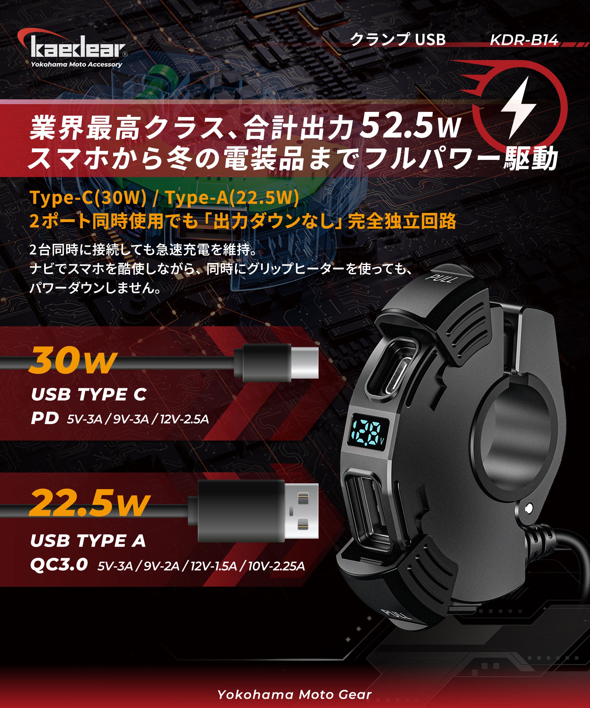 バイク用 USB電源 PD30W＋QC3.0 52.5W｜2ポート独立出力・極薄13mm