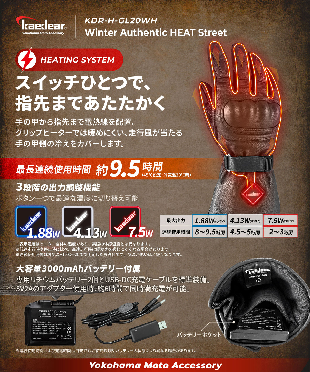 ウインターオーセンティックヒートストリート レザーグローブ KDR-H-GL20WH