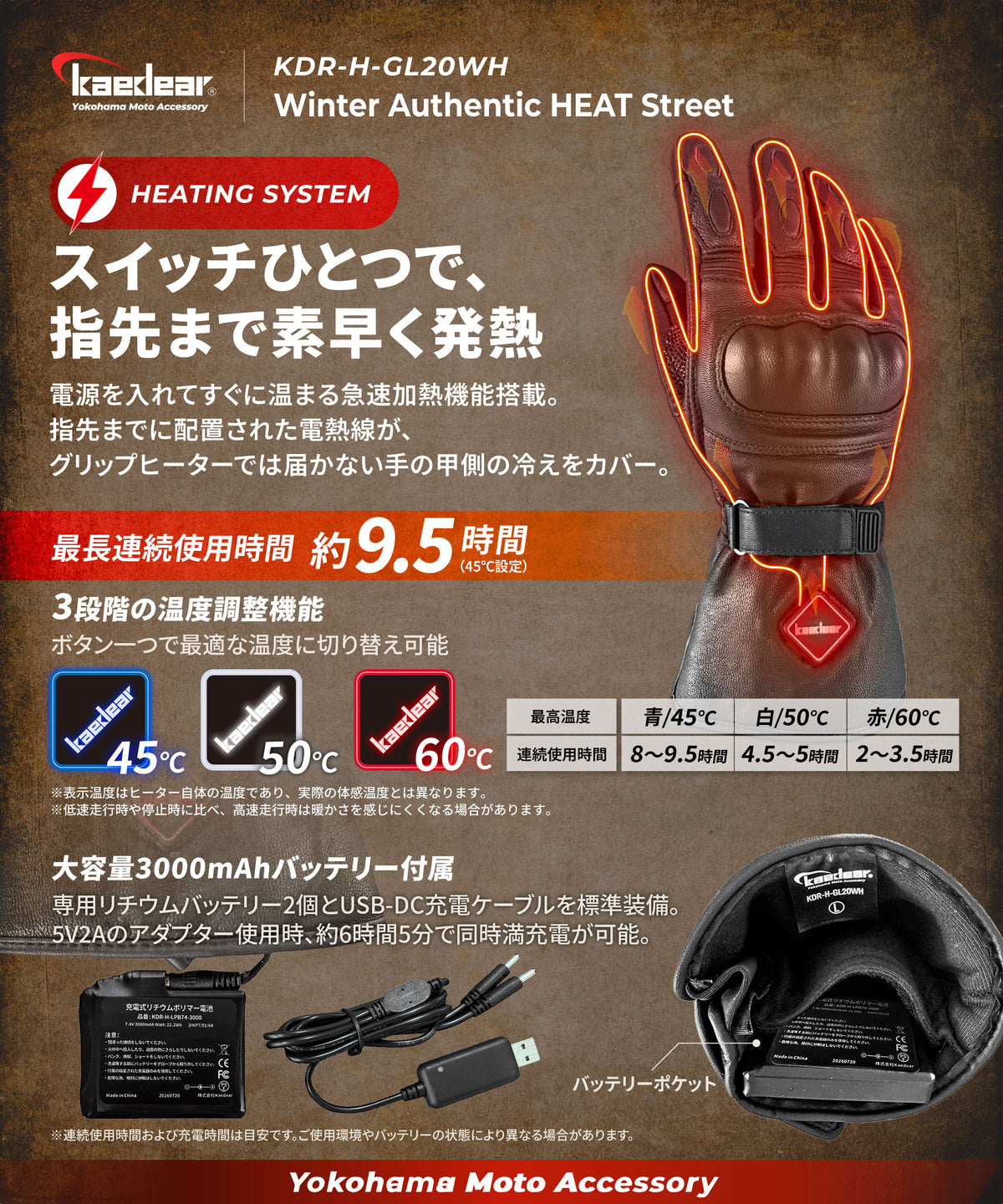 ウインターオーセンティックヒートストリート レザーグローブ KDR-H-GL20WH