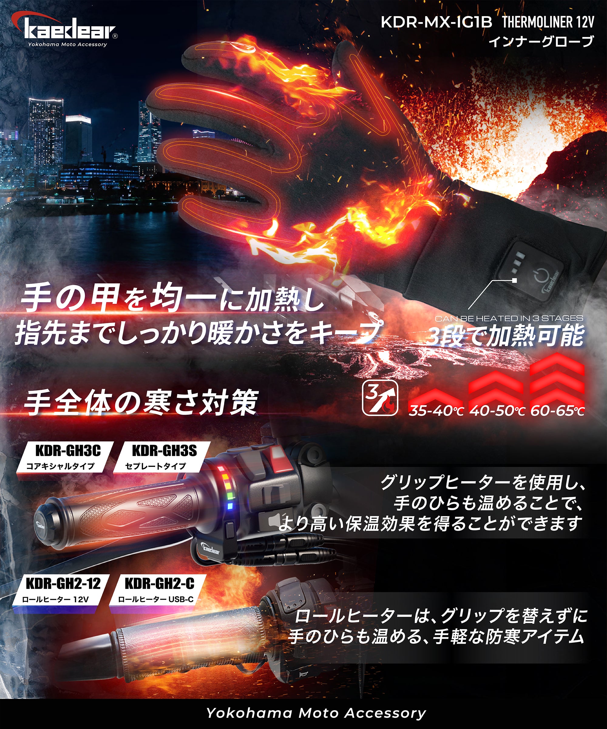 Kaedear サーモライナー12V 電熱インナーグローブ｜速暖・3段階温度