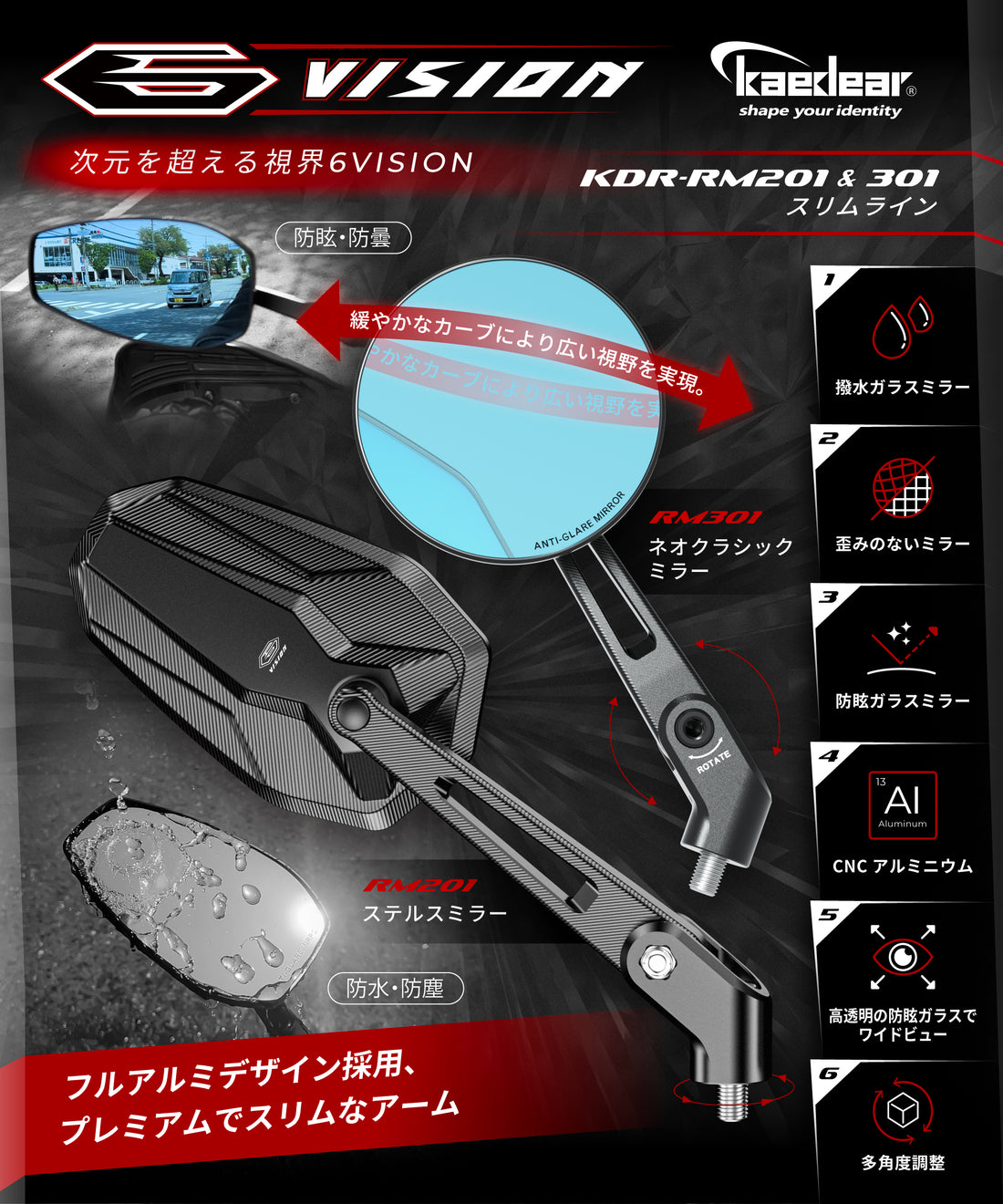シックスビジョン KDR-RM301 - ネオクラシックミラー/スリムライン
