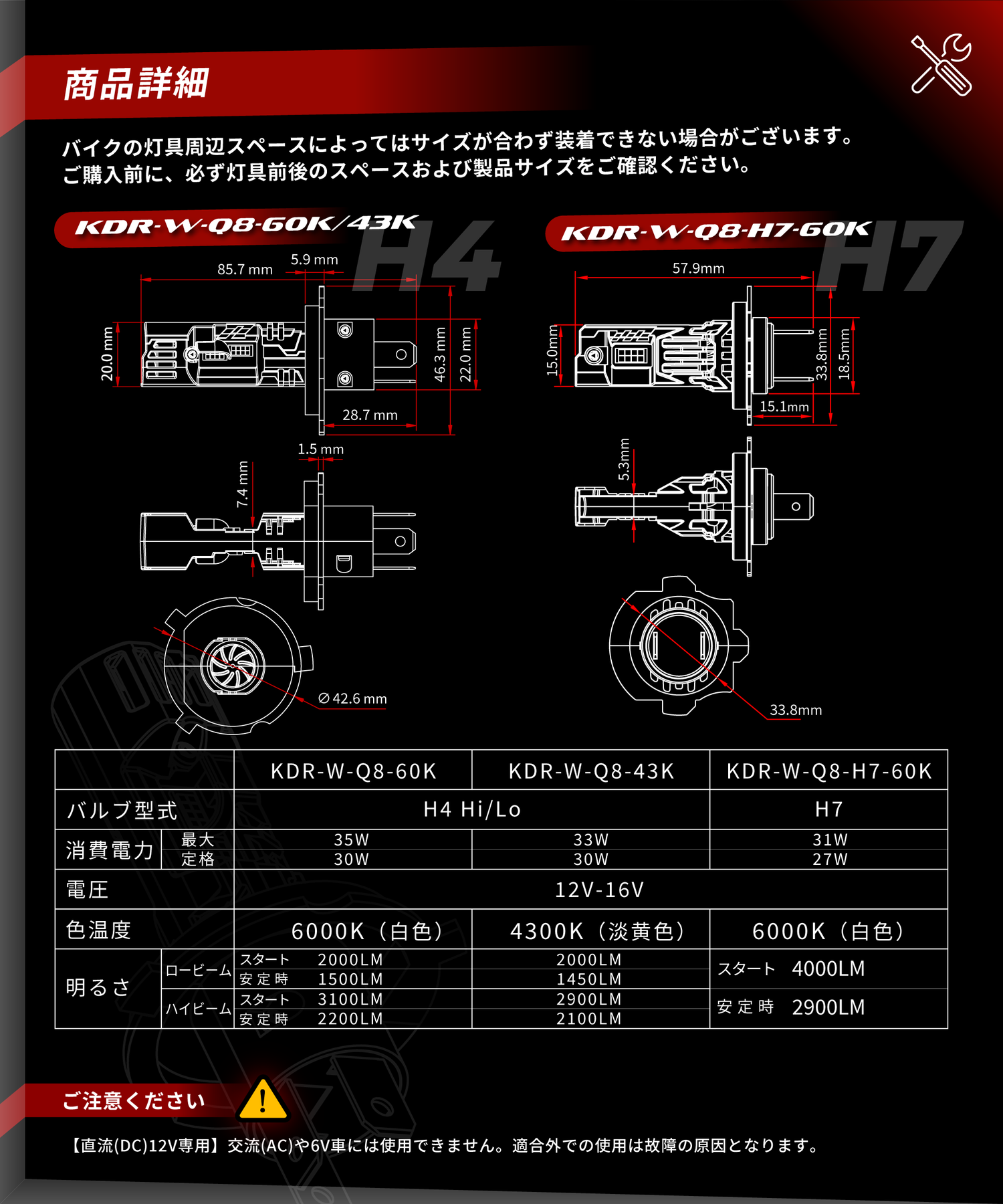 Cyber LED バイク用 ヘッドライト LED バルブ 交流AC非対応 KDR-W-Q8