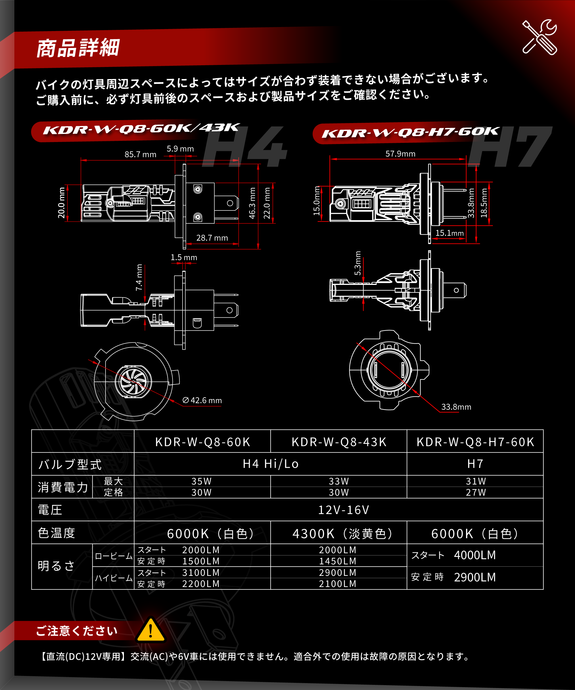 Cyber LED バイク用 ヘッドライト LED バルブ 交流AC非対応 KDR-W-Q8